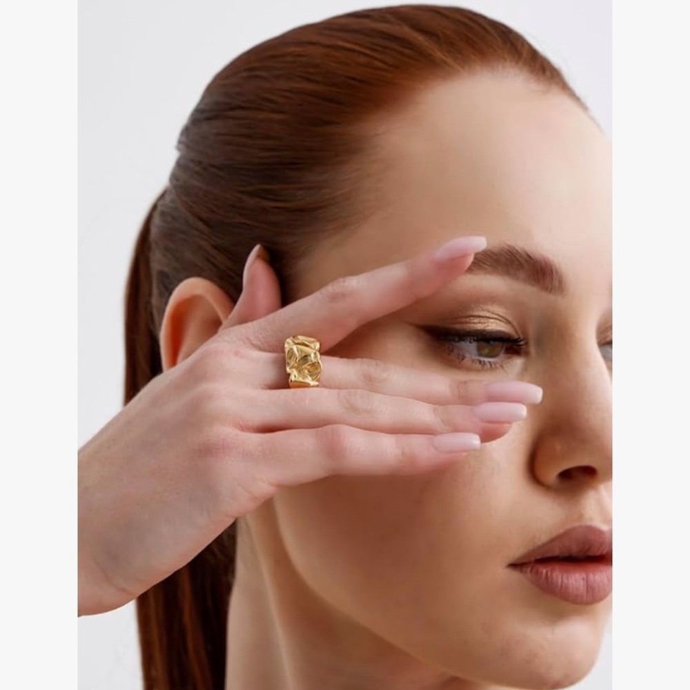 Commence NWT Crinkle Hamme Irregular Shape Ring Stainless Steel Gold Adjustable